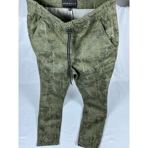 MCKAYLA Leaf Print Drawstring Pockets Green Straight Women's Pants